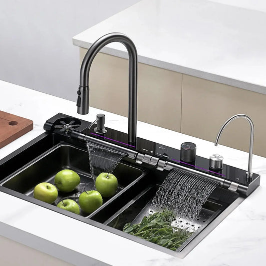 33x22 Inch Waterfall Faucet Kitchen Sink with Digital Temperature Display & LED Lighting-KS2207L